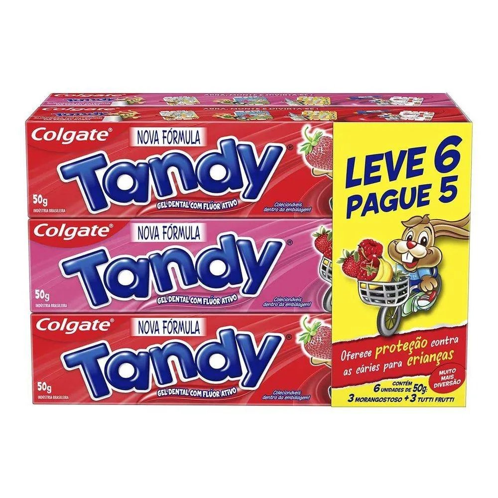 Creme Dental Tandy Morango + Tutti Frutti 50g - Leve 6 Pague 5 - Embalagem com 6 unidades