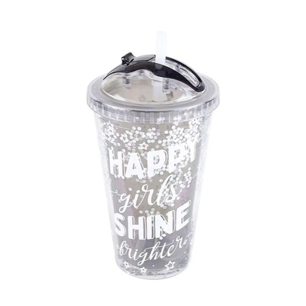 Copo com Canudo 450ml Happy Girls Shine Brighter - Etilux