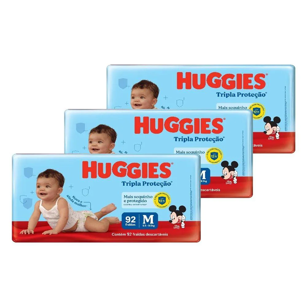 Fralda Descartável Huggies Tripla Proteção Hiper Média - 3 Pacotes com 92 Fraldas - Total de 276 Tiras