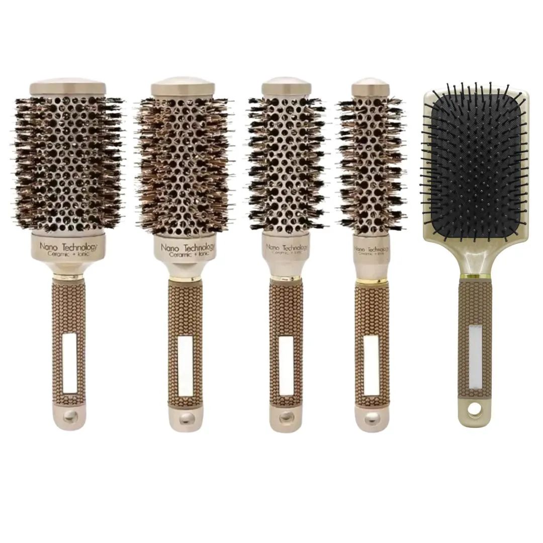 Kit 5 Escovas Termica Profissional Vazada Cerâmica Cerdas de Javali e Nylon com Escova Raquete