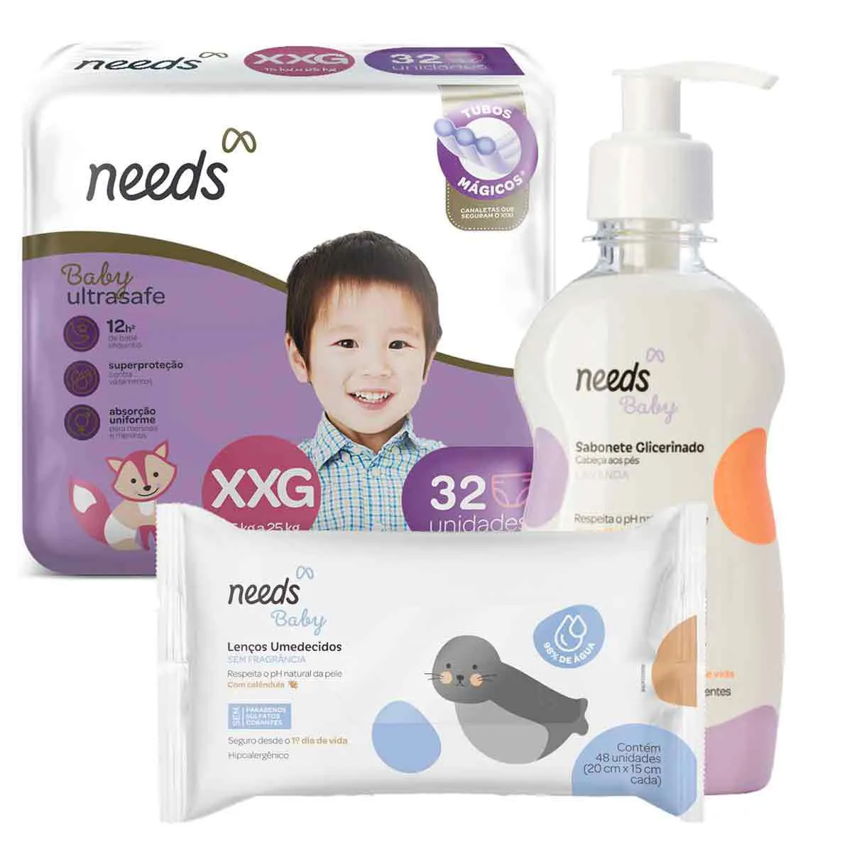 Kit Needs Baby Fralda Ultrasafe XXG 32 Unidades + Lenço Umedecido Sem Fragrância com 48 Unidades + Sabonete de Glicerina Líquido Lavanda