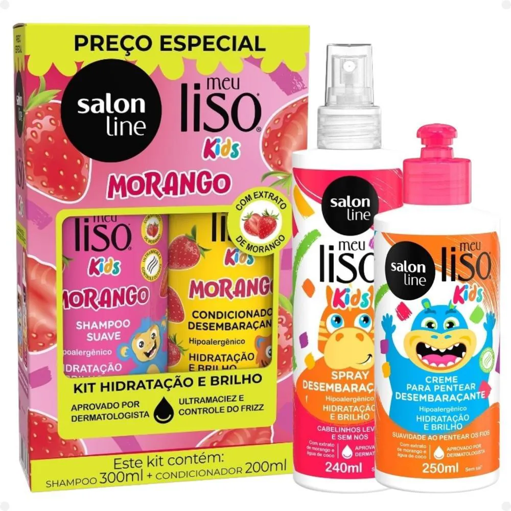 Kit Salon Line Meu Liso Kids: Shampoo 300ml e Condicionador 200ml Morango + Creme para Pentear 250ml e Spray Desembaraçante 240ml
