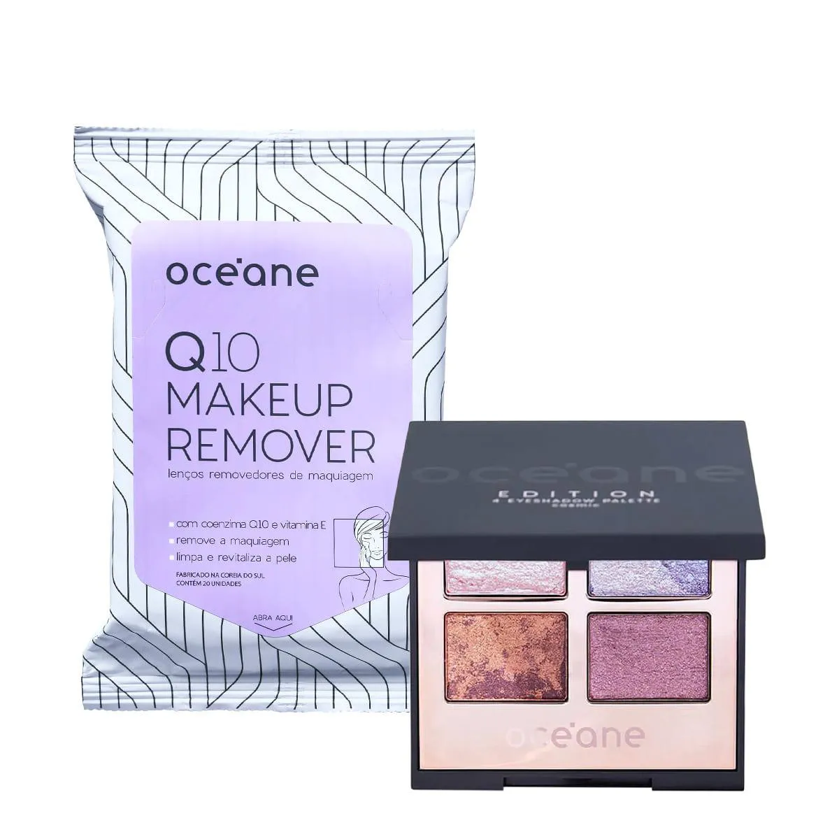 KIT OCéANE Q10 MAKEUP LENçO DEMAQUILANTEE E COSMIC 4 EYESHADOW PALETA DE SOMBRAS (2 PRODUTOS)