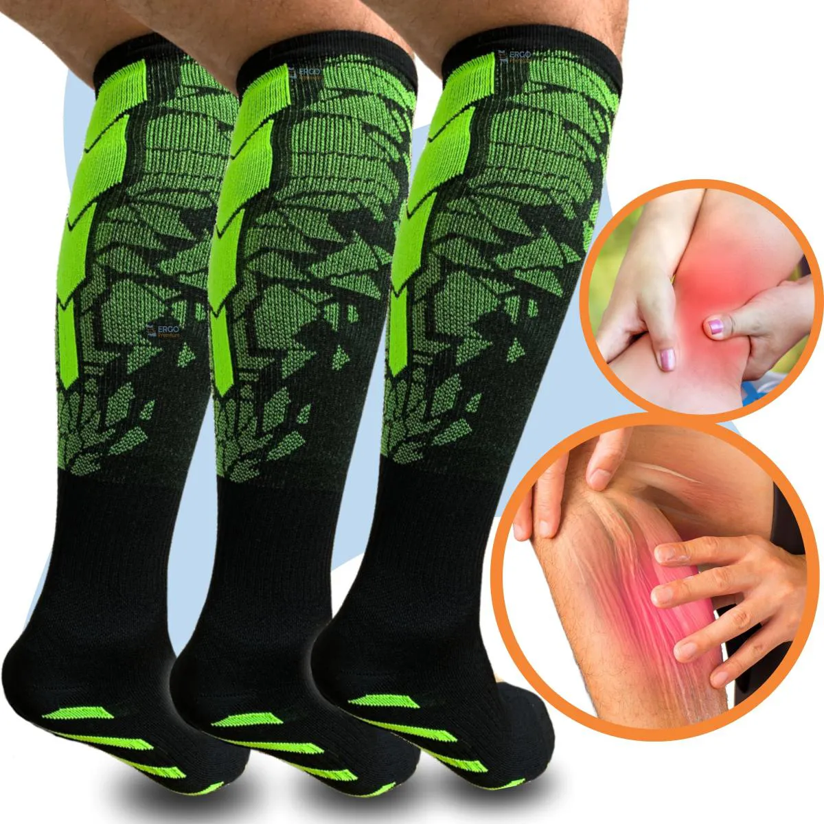 Kit 3 Pares Meia de Compressão ¾ para Ciclismo, Corrida e Caminhadas 3540 Verde