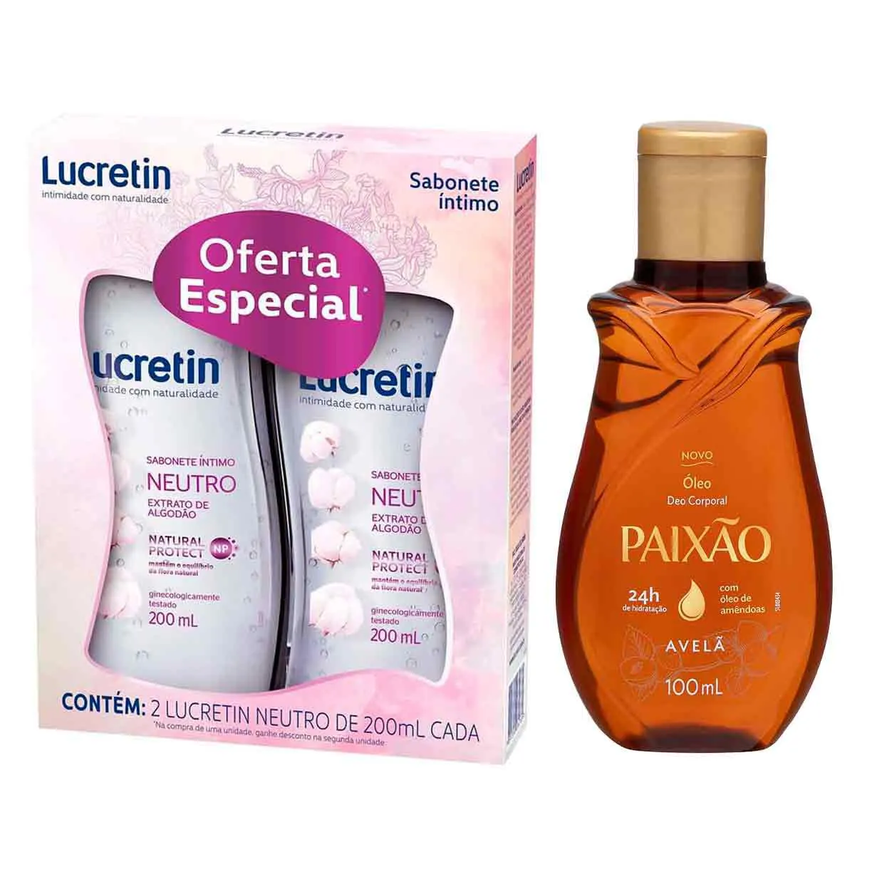 Kit Sabonete Líquido Íntimo Lucretin Neutro com 2 Unidades de 200ml + Óleo Corporal Paixão Amêndoas com Avelã 100ml