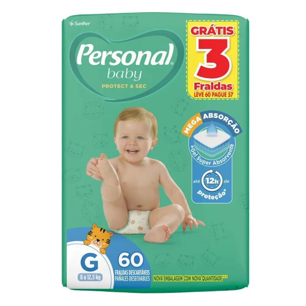 Fralda Descartável Personal Soft & Protect Hiper Tamanho G - 4 Pacotes com 60 Fraldas - Total 240 Tiras