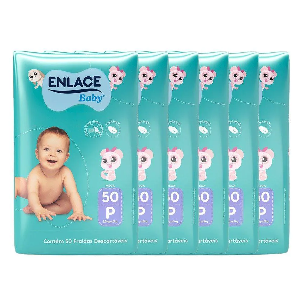 Fralda Descartável Enlace Baby Mega Tamanho P - 6 Pacotes com 50 Fraldas - Total 300 Tiras