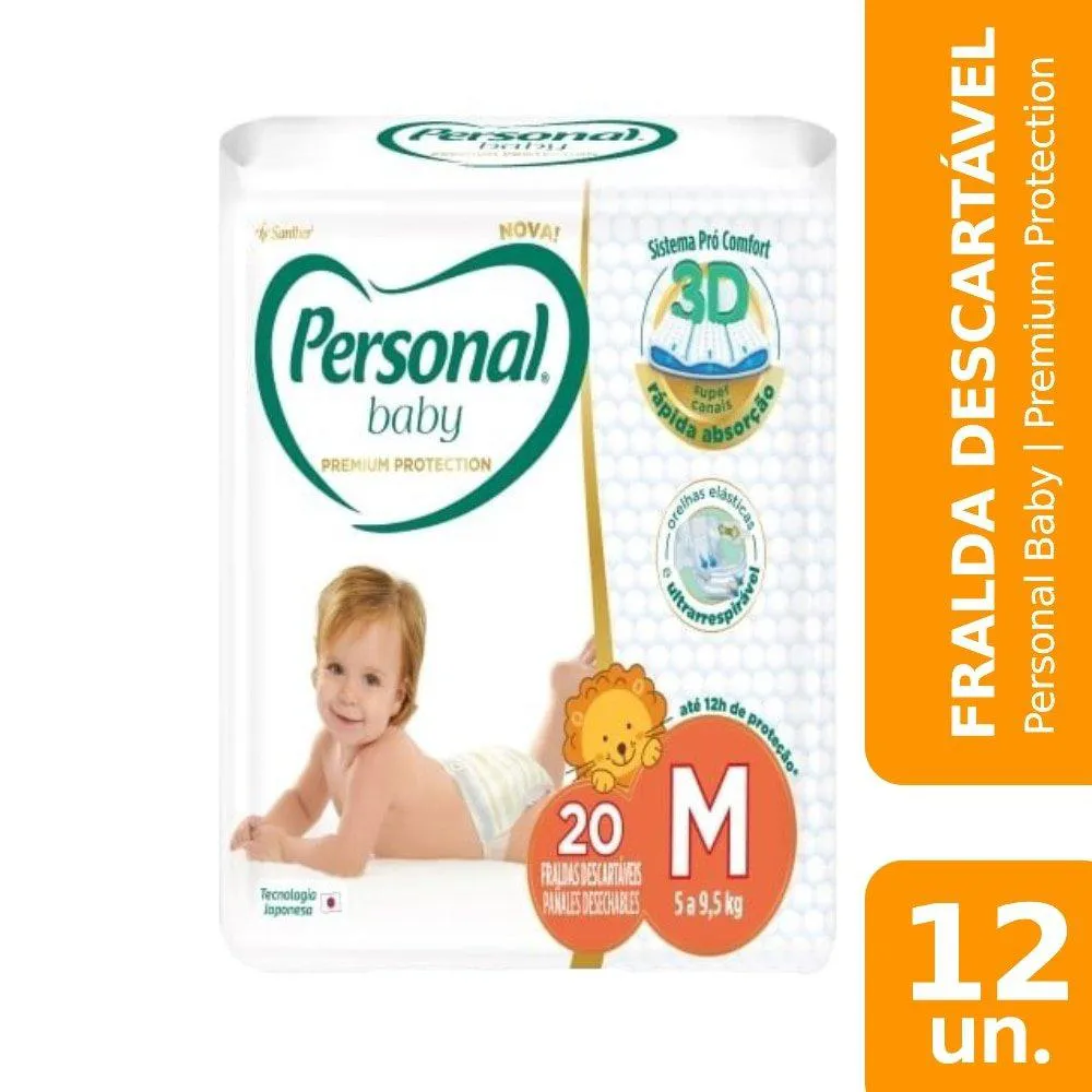 Fralda Descartável Personal Premium Tamanho M - 12 Pacotes com 20 Fraldas - Total de 240 Tiras