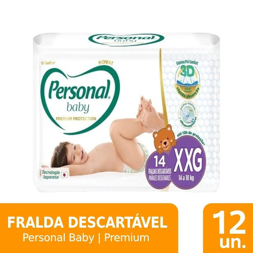 Fralda Descartável Personal Premium Jumbo Tamanho Xxg - 12 Pacotes com 14 Fraldas - Total de 168 Tiras