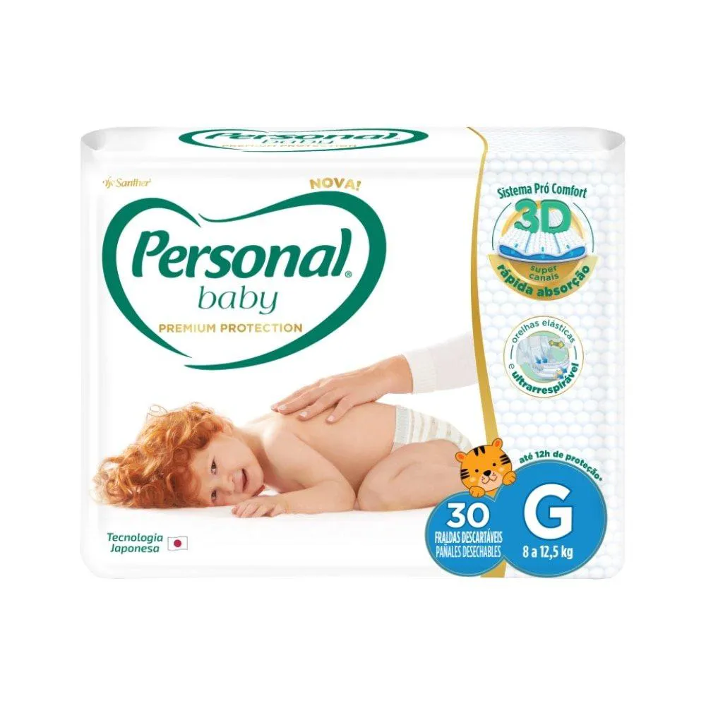 Fralda Descartável Personal Premium Mega Tamanho G - 9 Pacotes com 30 Fraldas - Total de 270 Tiras