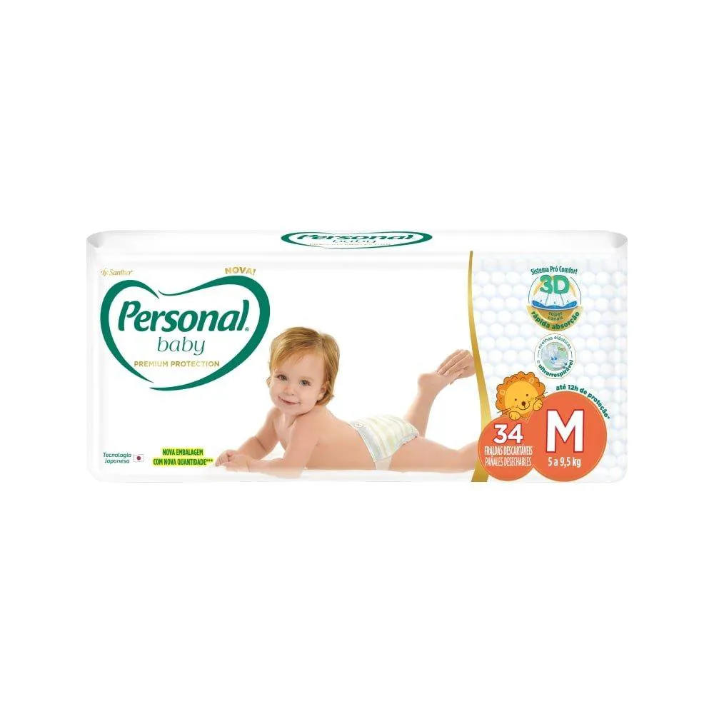 Fralda Descartável Personal Premium Tamanho M - 9 Pacotes com 34 Fraldas - Total de 306 Tiras