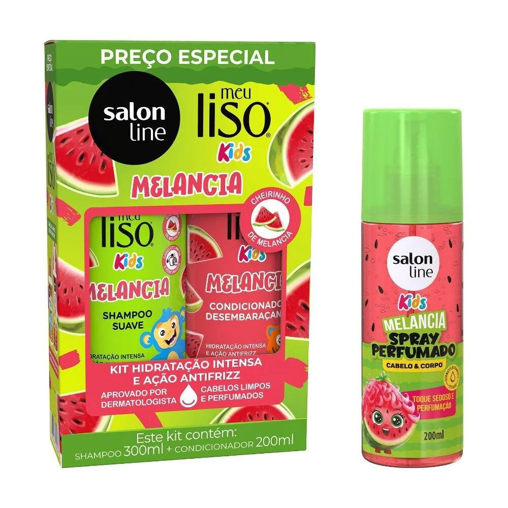 Kit Meu Liso Kids Melancia com Shampoo + Condicionador e Spray Perfumado