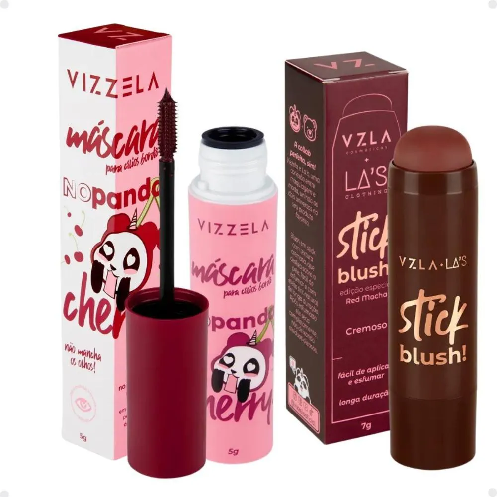 Kit Vizzela: Blush Stick Red e Máscara de Cílios No Panda Bordô