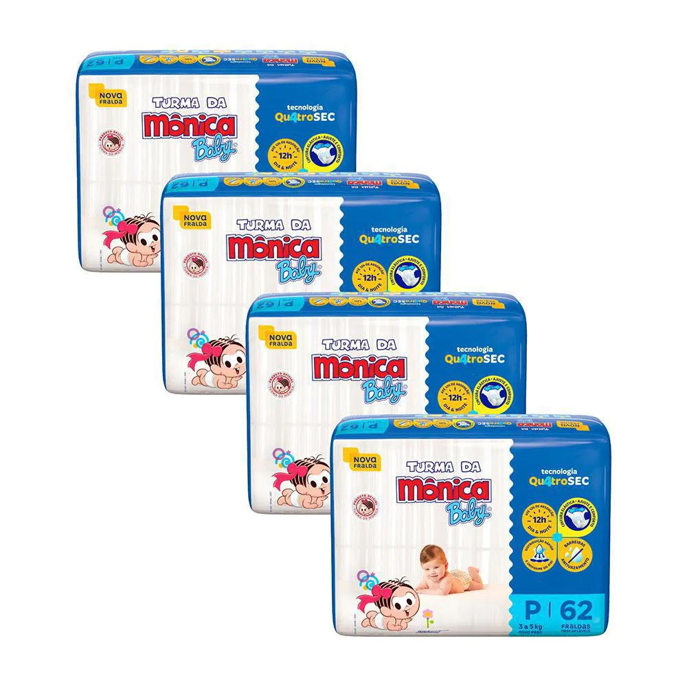 Kit 4 Fraldas Turma da Mônica Baby Mega P com 62un Cada