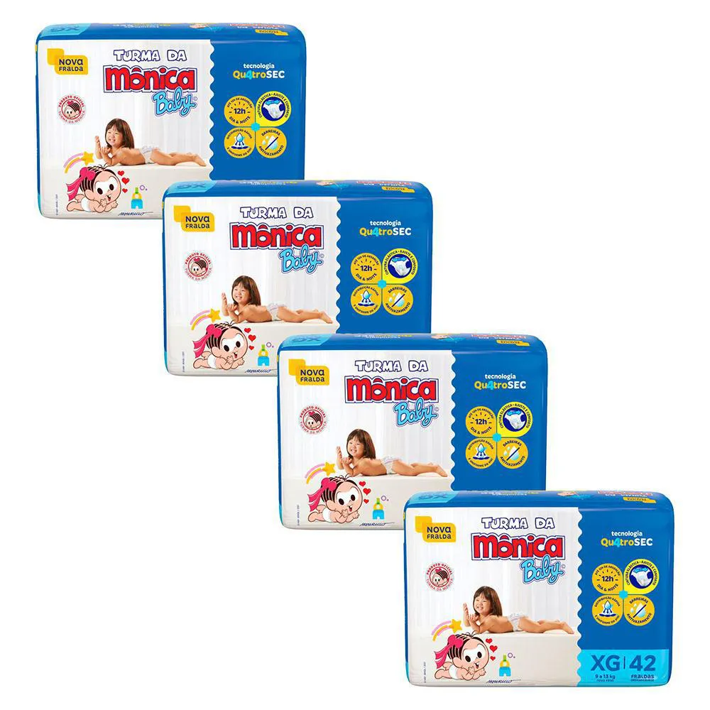 Kit 4 Fraldas Turma da Mônica Baby Mega Xg com 42un Cada