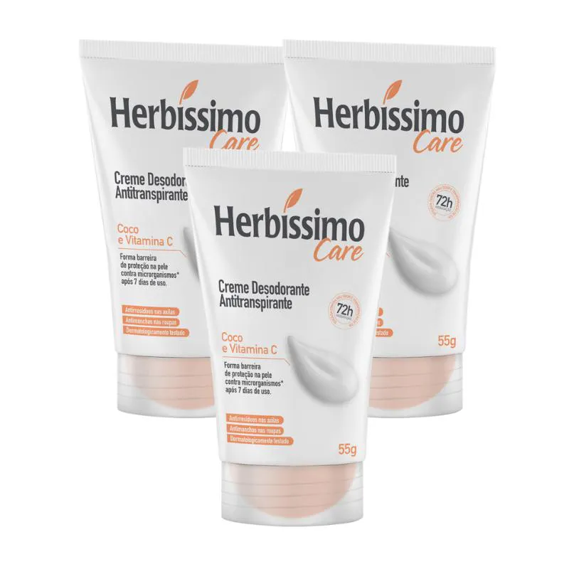 Kit Creme Desodorante Antitranspirante Herbíssimo Care Coco e Vitamina C Bisnaga 55g - 3 Unidades