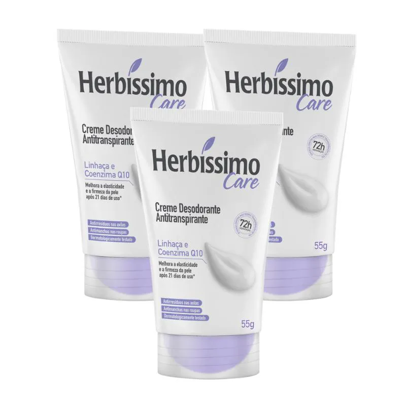 Kit Creme Desodorante Antitranspirante Herbíssimo Care Linhaca e Coenzima Q10 Bisnaga 55g - 3 Unidades