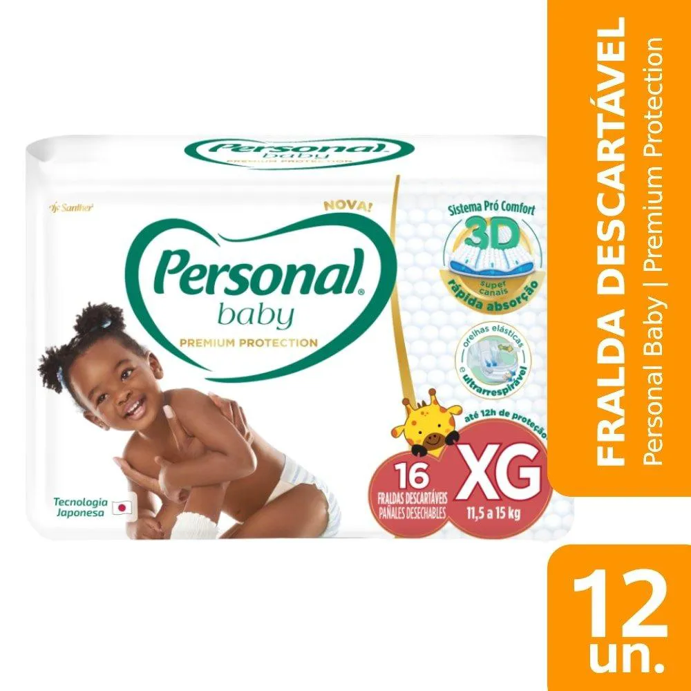 Fralda Descartável Personal Premium Jumbo Extra Grande - 12 Embalagens com 16 Fraldas - Total de 192 Tiras