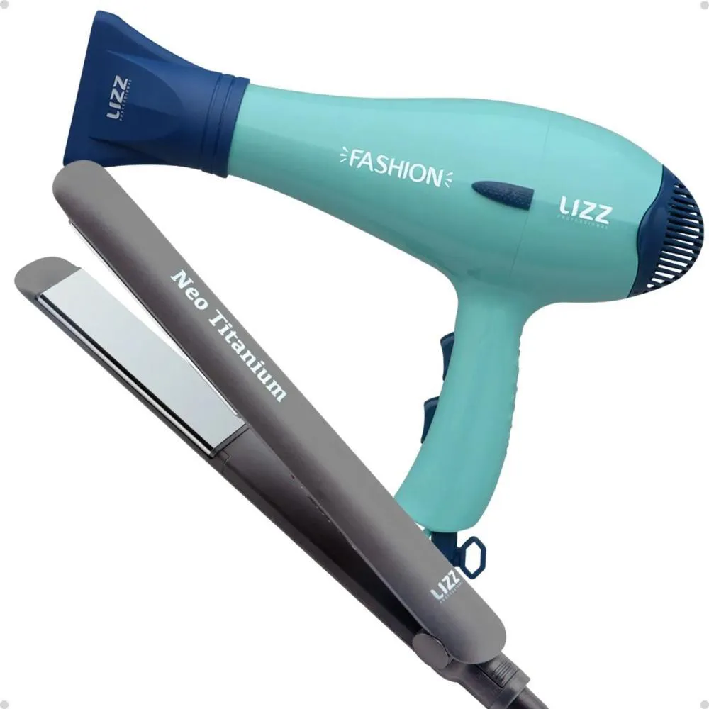 Kit Lizz: Secador Fashion Verde 2200w 220v e Prancha Neo Titanium Cinza 230°c Bivolt