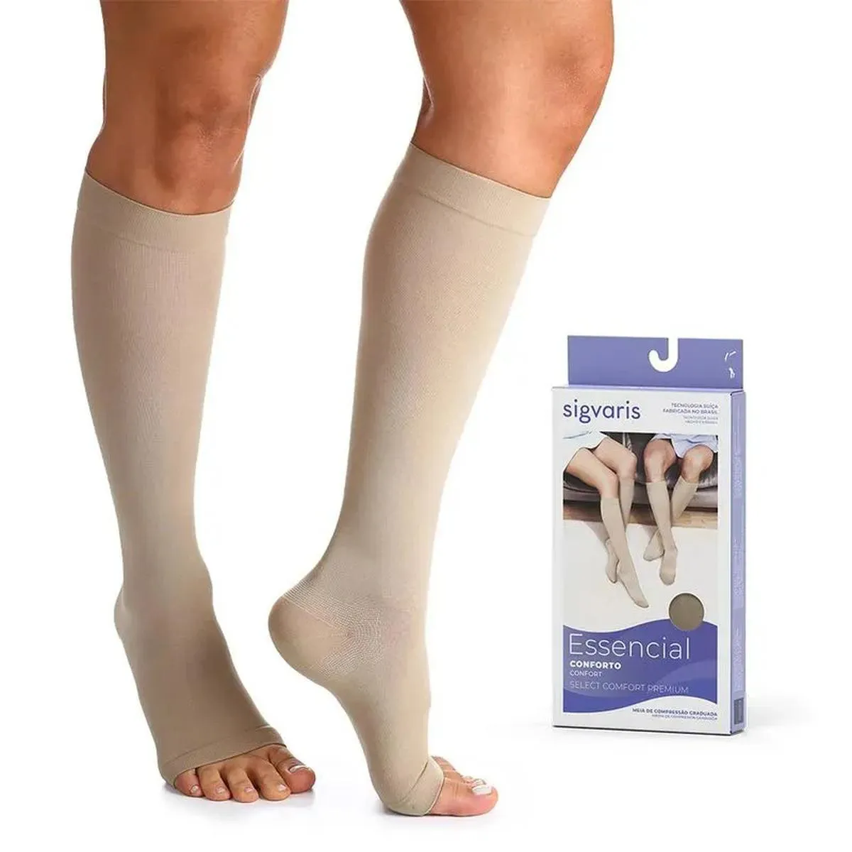 Sigvaris Essencial Conforto Meia de Compressão Aberta Natural Escuro P1