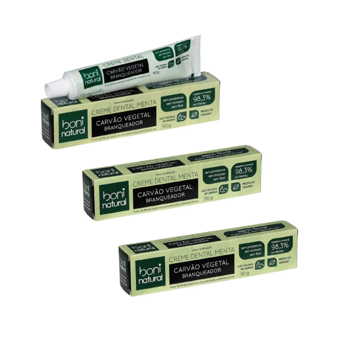 Kit 3 Cremes Dentais Boni Natural Menta e Carvao Vegetal 90g