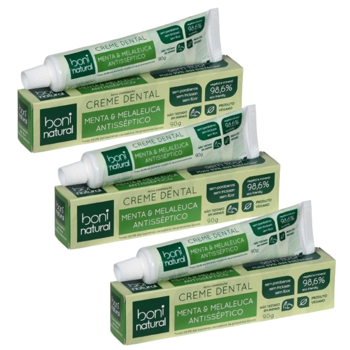 Kit 3 Pastas de Dente Natural e Vegano Menta e Melaleuca 90 G Boni Natural