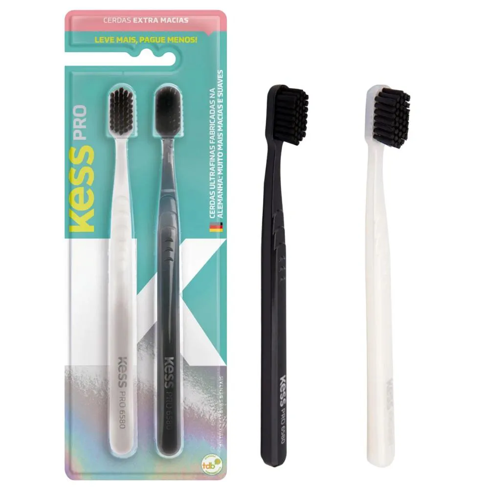2 Escovas de Dente Pro Cerdas Extra Macias Black White Kess