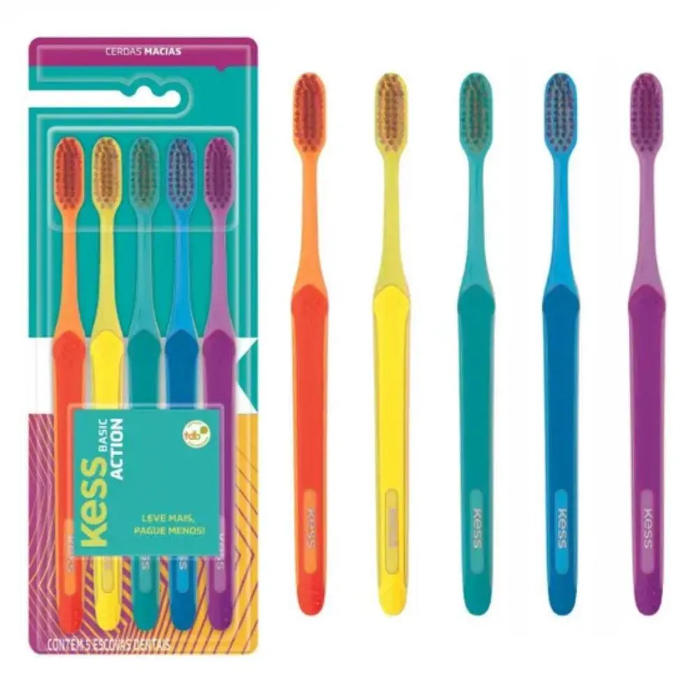 5 Escovas Dentais Coloridas Basic Action Macia Kess