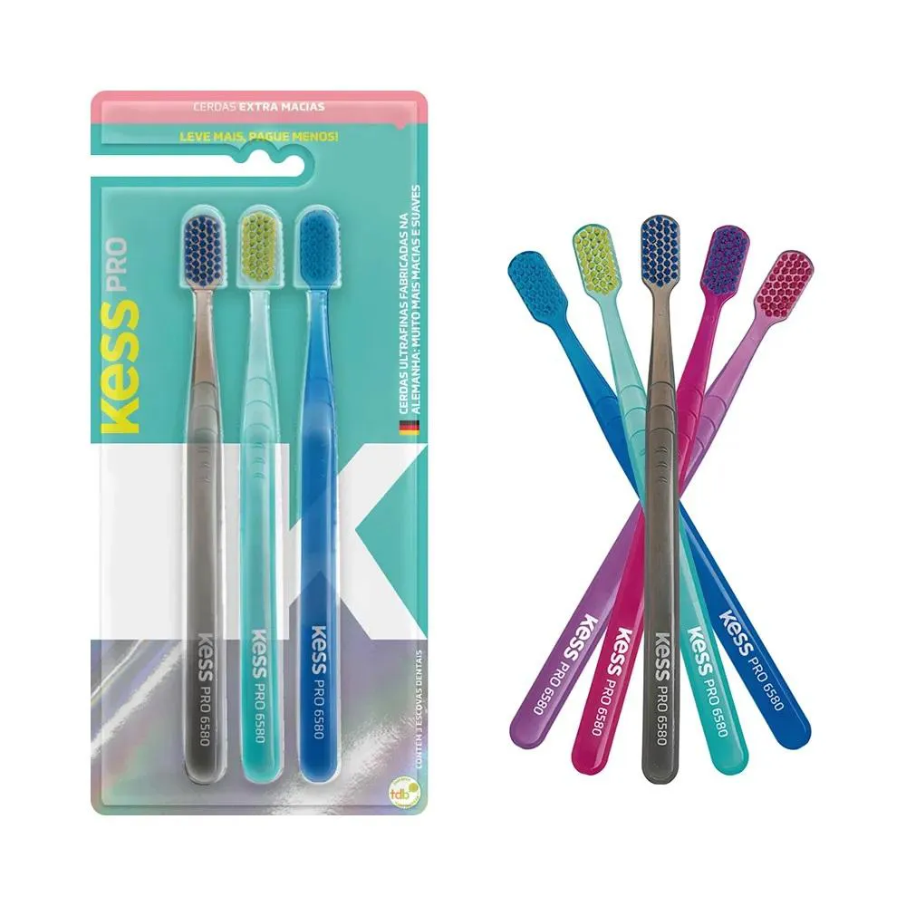 3 Escovas Dentais Pro Cerdas Extra Macias Coloridas Kess