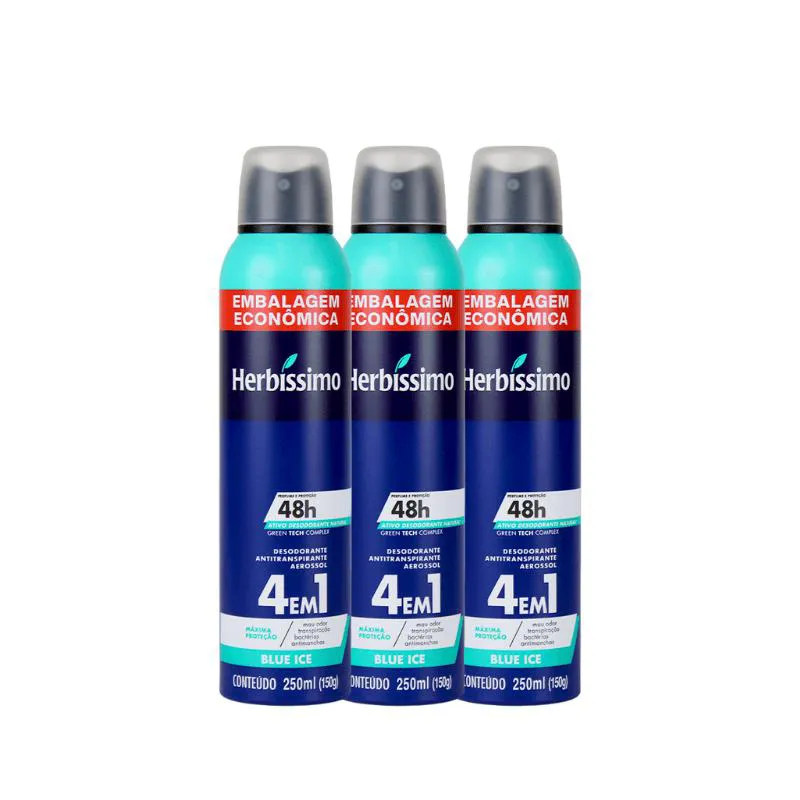 KIT DESODORANTE AEROSOL ANTITRANSPIRANTE HERBíSSIMO BLUE ICE 250ML - 3 UNIDADES