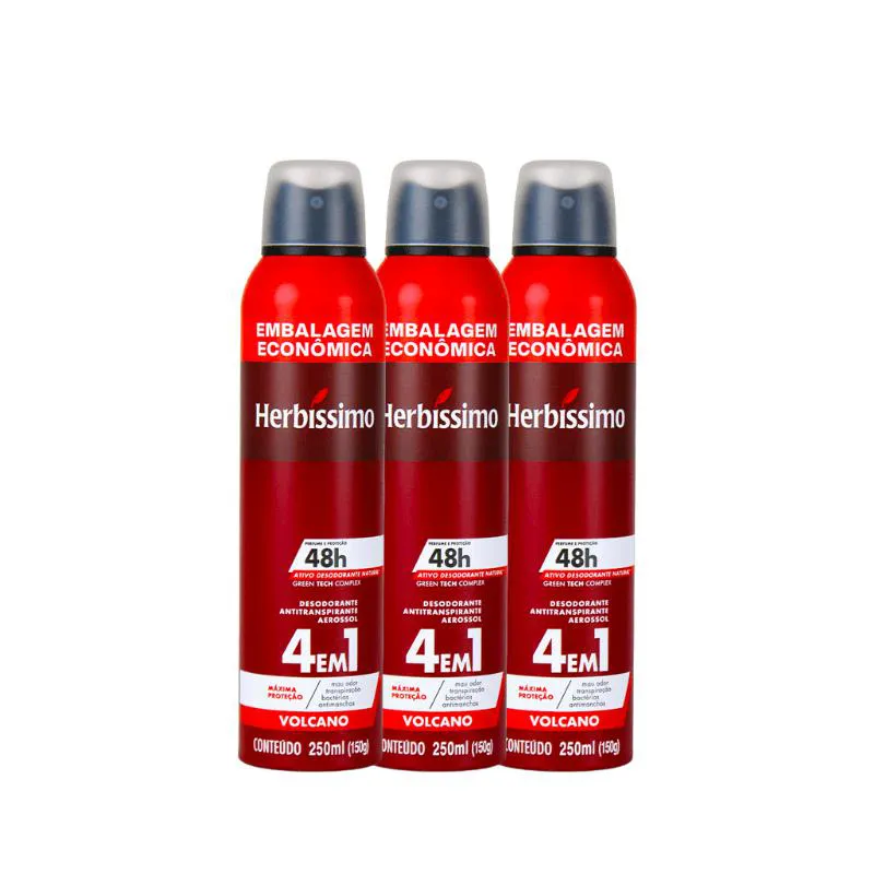 KIT DESODORANTE AEROSOL ANTITRANSPIRANTE HERBíSSIMO VOLCANO 250ML - 3 UNIDADES