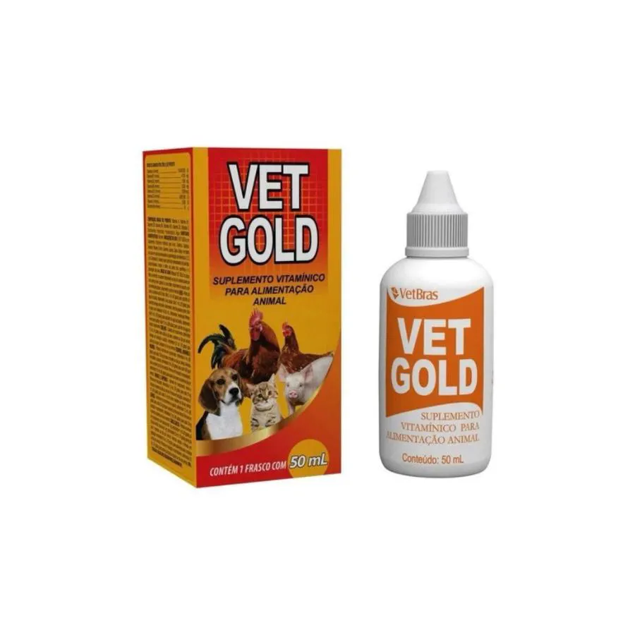 Suplemento Vitamínico e Fortificante Vet Gold 50 Ml Vetbras / Aves, Bovinos, Caprinos, Equinos, Suínos, Cães e Gatos