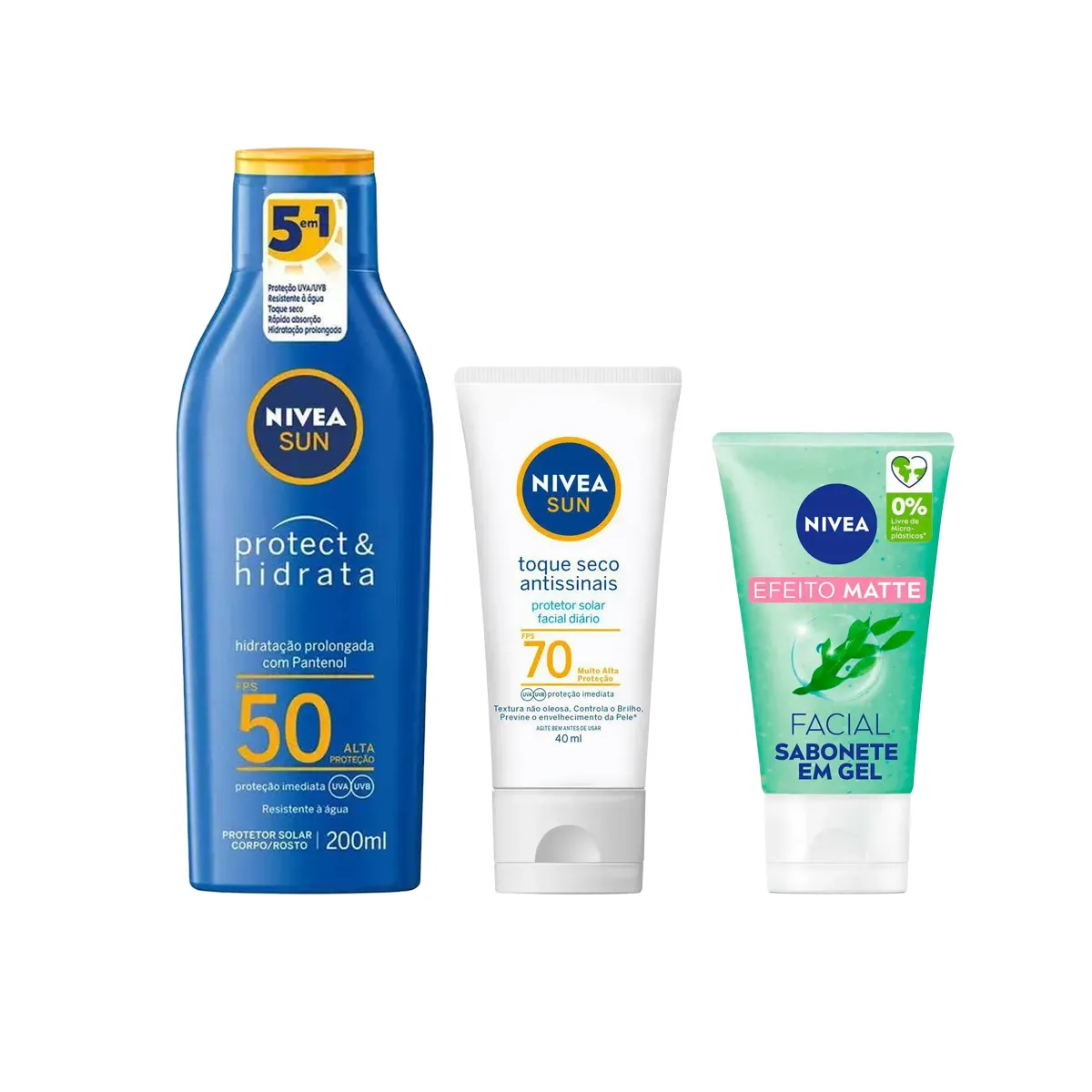 Kit Nivea Protetor Solar Facial FPS 70 Sun Toque Seco Antissinais 40ml + Protetor Solar FPS 50 Sun Protect & Hidrata 200ml + Sabonete Facial em Gel Efeito Matte Pele Mista a Oleosa 150ml