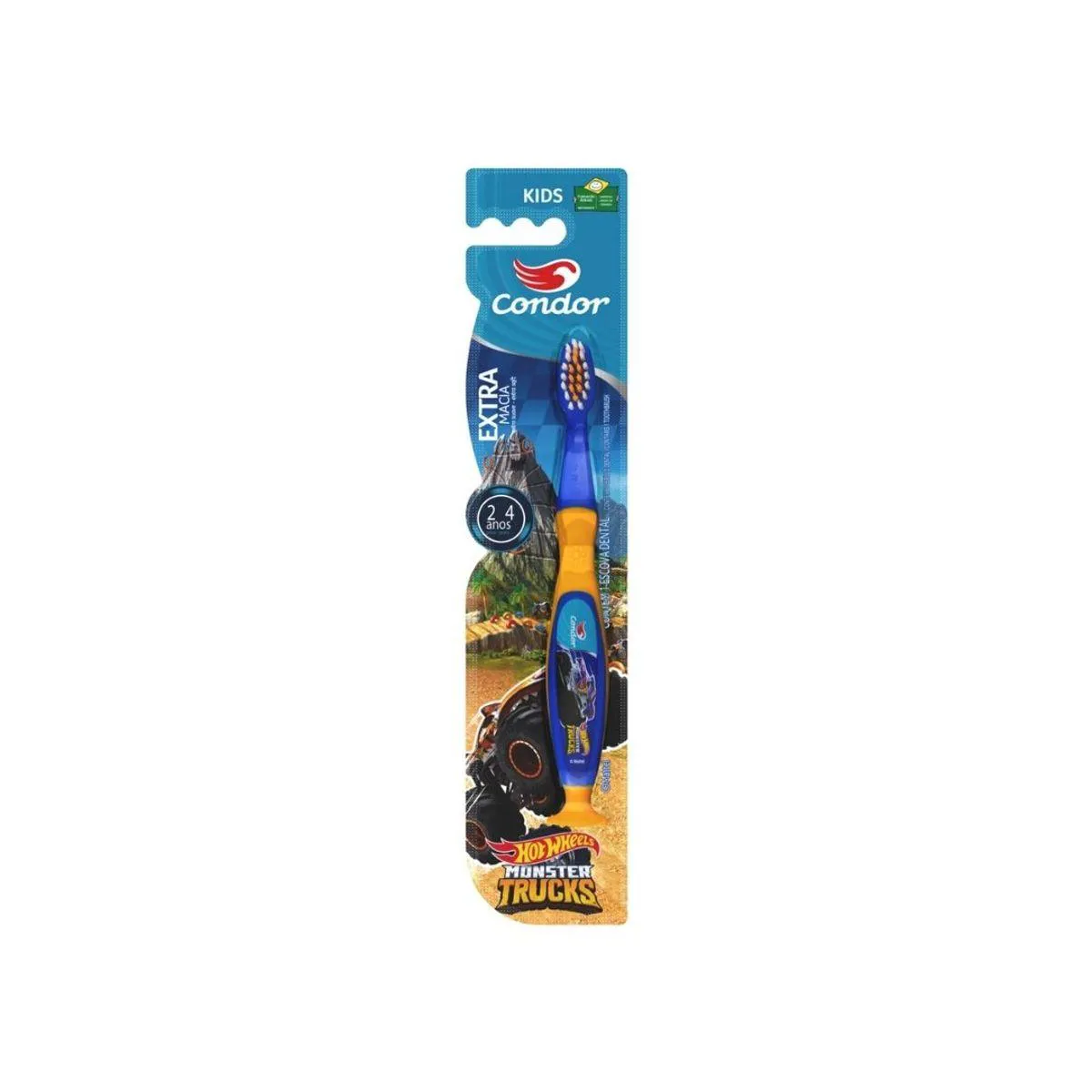 Escova Dental Extramacia com Limpador de Língua e Ventosa Hot Wheels Monster Trucks Condor Kids Cabe Azulamarelo