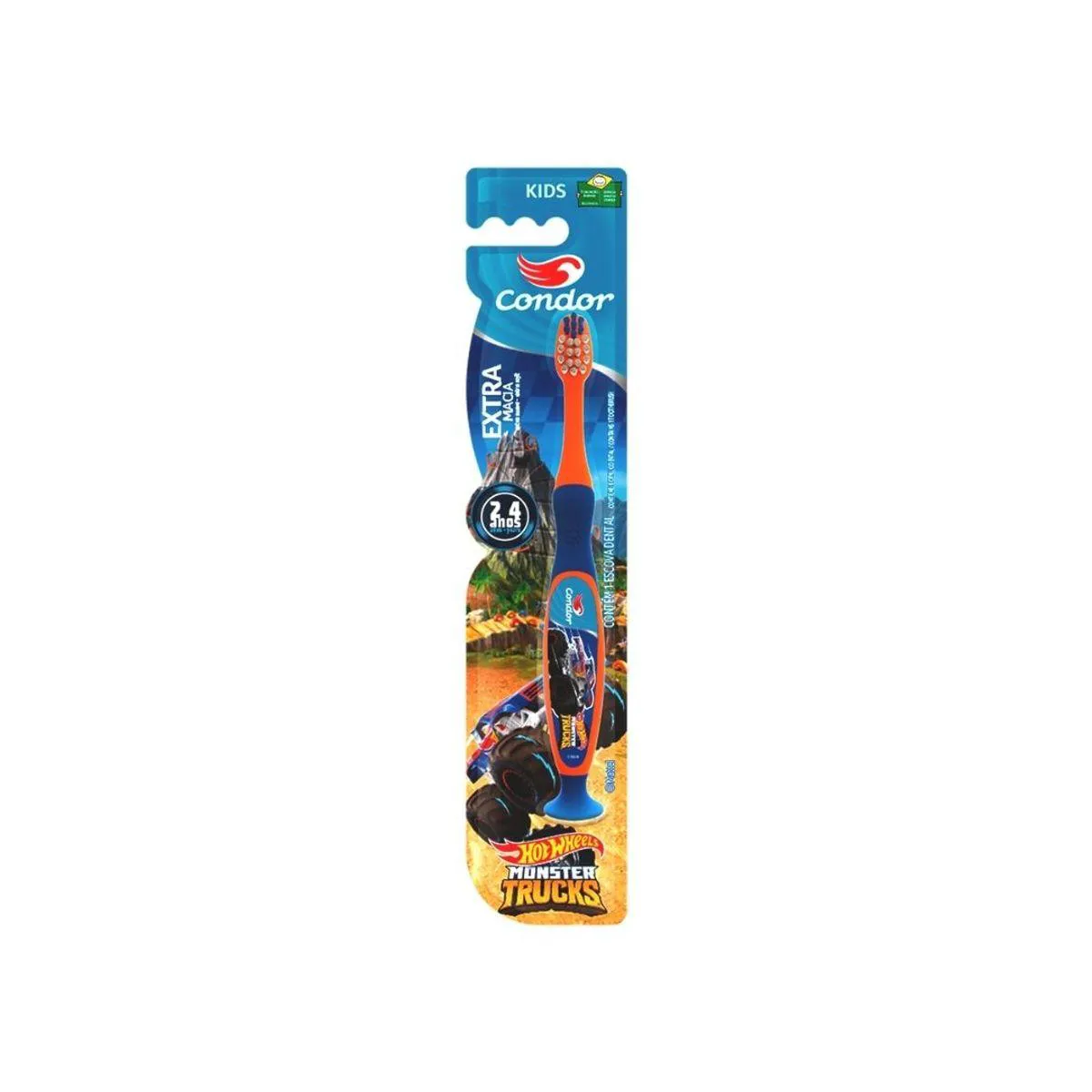 Escova Dental Extramacia com Limpador de Língua e Ventosa Hot Wheels Monster Trucks Condor Kids Cabe Laranjaazul