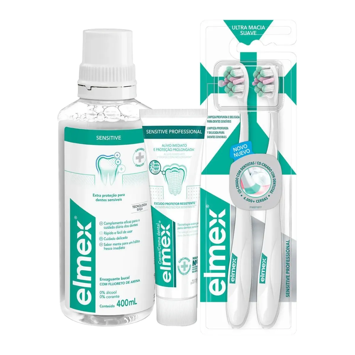 Kit Elmex Sensitive Creme Dental 110g + Escova de Dente Ultra Macia Suave 2un + Enxaguante Bucal Sem Álcool 400ml