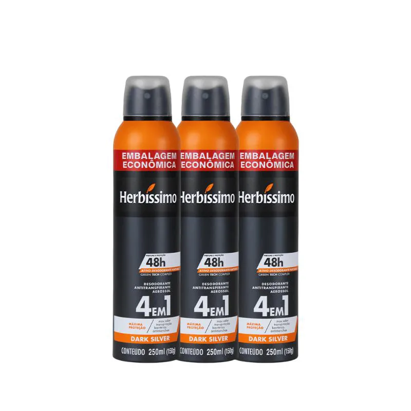 Kit Desodorante Aerosol Antitranspirante Herbíssimo Dark Silver 250Ml - 3 Unidades