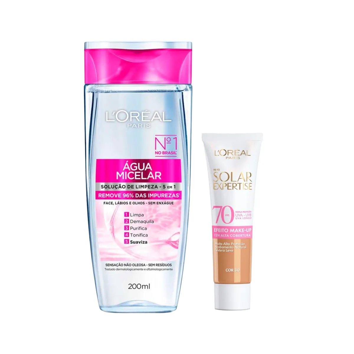 Kit Facial L'Oréal Paris Água Micelar Solução de Limpeza 5 em 1 200ml + Protetor Solar Expertise Efeito Make Up FPS 70 Cor 3.0 30g