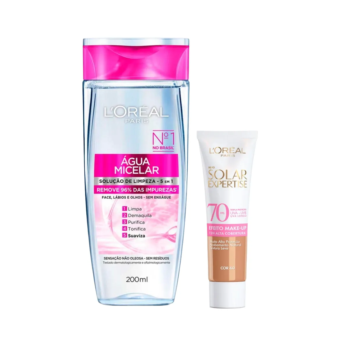 Kit Facial L'Oréal Paris Água Micelar Solução de Limpeza 5 em 1 200ml + Protetor Solar Expertise Efeito Make Up FPS 70 Cor 4.0 30g