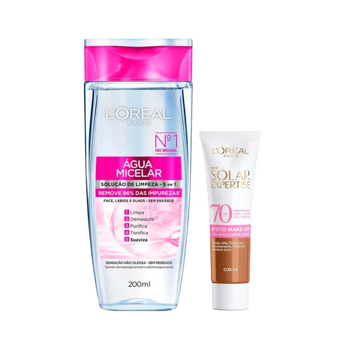 Kit Facial L'Oréal Paris Água Micelar Solução de Limpeza 5 em 1 200ml + Protetor Solar Expertise Efeito Make Up FPS 70 Cor 5.0 30g