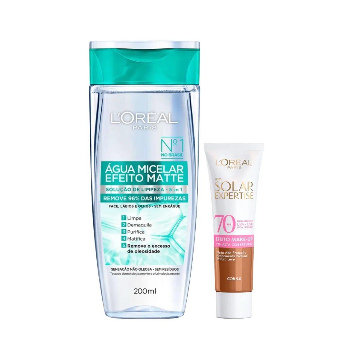 Kit Facial L'Oréal Paris Água Micelar Efeito Matte Solução de Limpeza 5 em 1 200ml + Protetor Solar Expertise Efeito Make Up FPS 70 Cor 5.0 30g