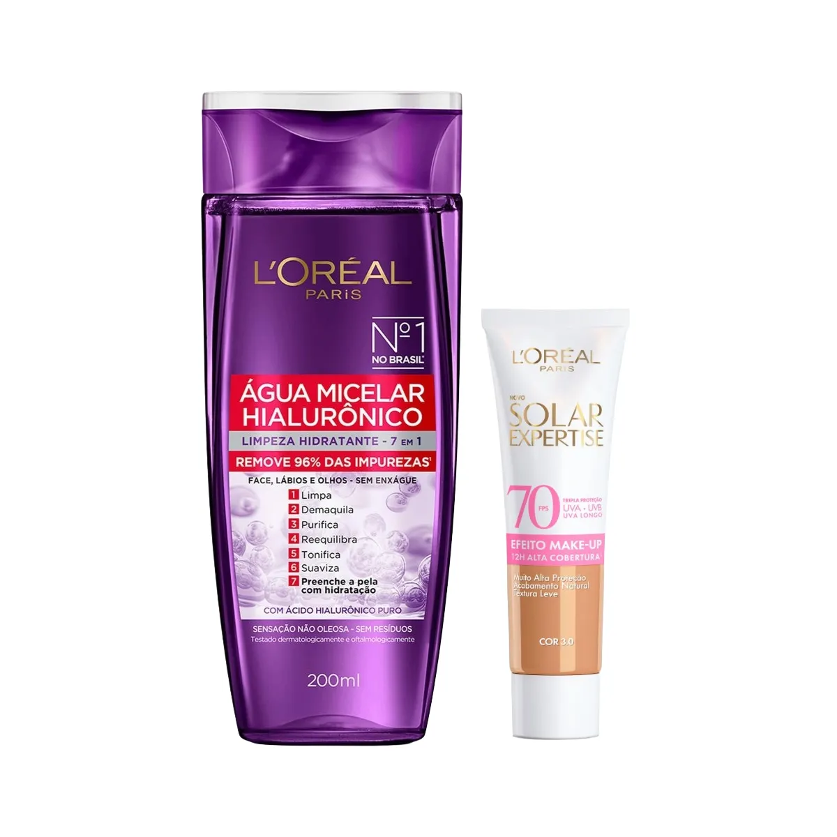 Kit Facial L'Oréal Paris Água Micelar Hialurônico Limpeza Hidratante 7 em 1 200ml + Protetor Solar Expertise Efeito Make Up FPS 70 Cor 3.0 30g