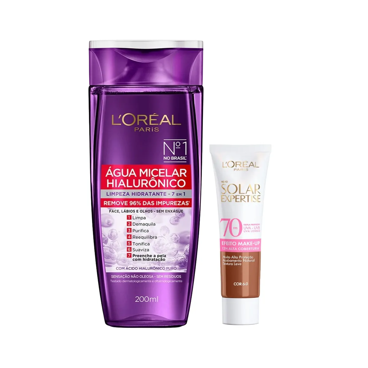 Kit Facial L'Oréal Paris Água Micelar Hialurônico Limpeza Hidratante 7 em 1 200ml + Protetor Solar Expertise Efeito Make Up FPS 70 Cor 6.0 30g
