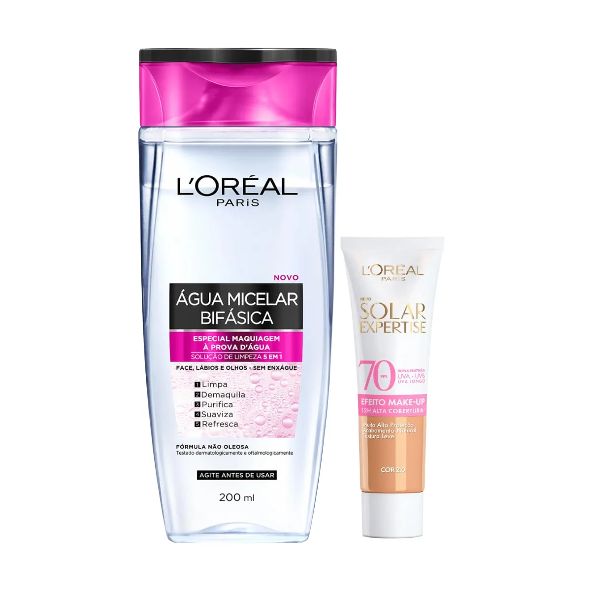 Kit Facial L'Oréal Paris Água Micelar Bifásica Solução de Limpeza 5 em 1 200ml + Protetor Solar Expertise Efeito Make Up FPS 70 Cor 2.0 30g