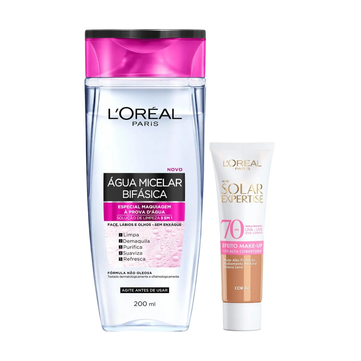 Kit Facial L'Oréal Paris Água Micelar Bifásica Solução de Limpeza 5 em 1 200ml + Protetor Solar Expertise Efeito Make Up FPS 70 Cor 4.0 30g