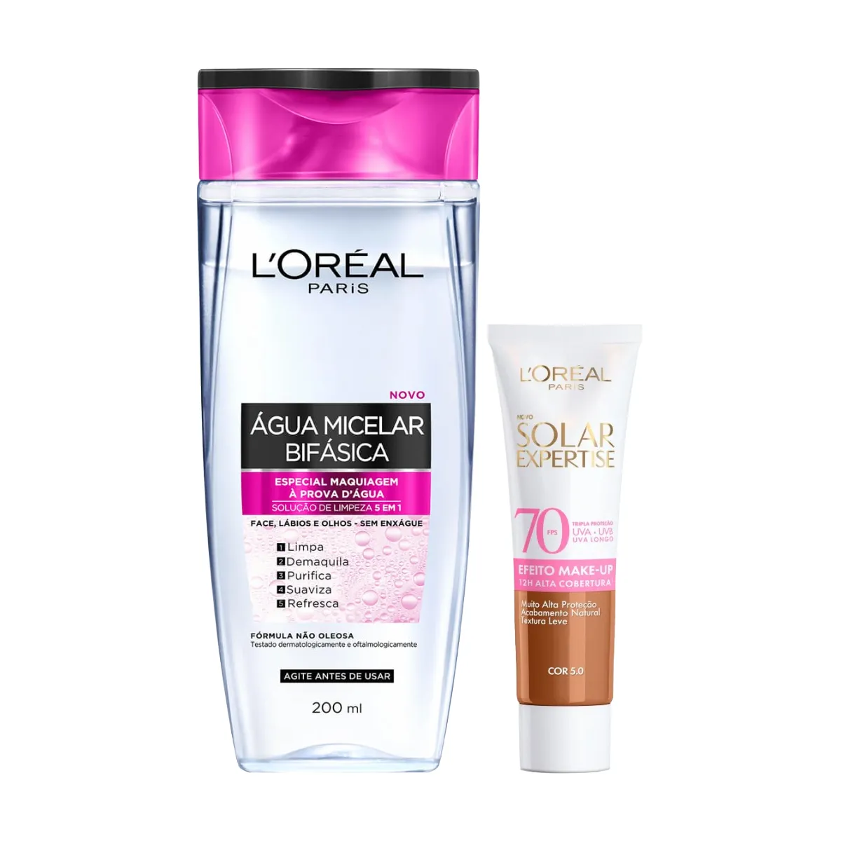 Kit Facial L'Oréal Paris Água Micelar Bifásica Solução de Limpeza 5 em 1 200ml + Protetor Solar Expertise Efeito Make Up FPS 70 Cor 5.0 30g