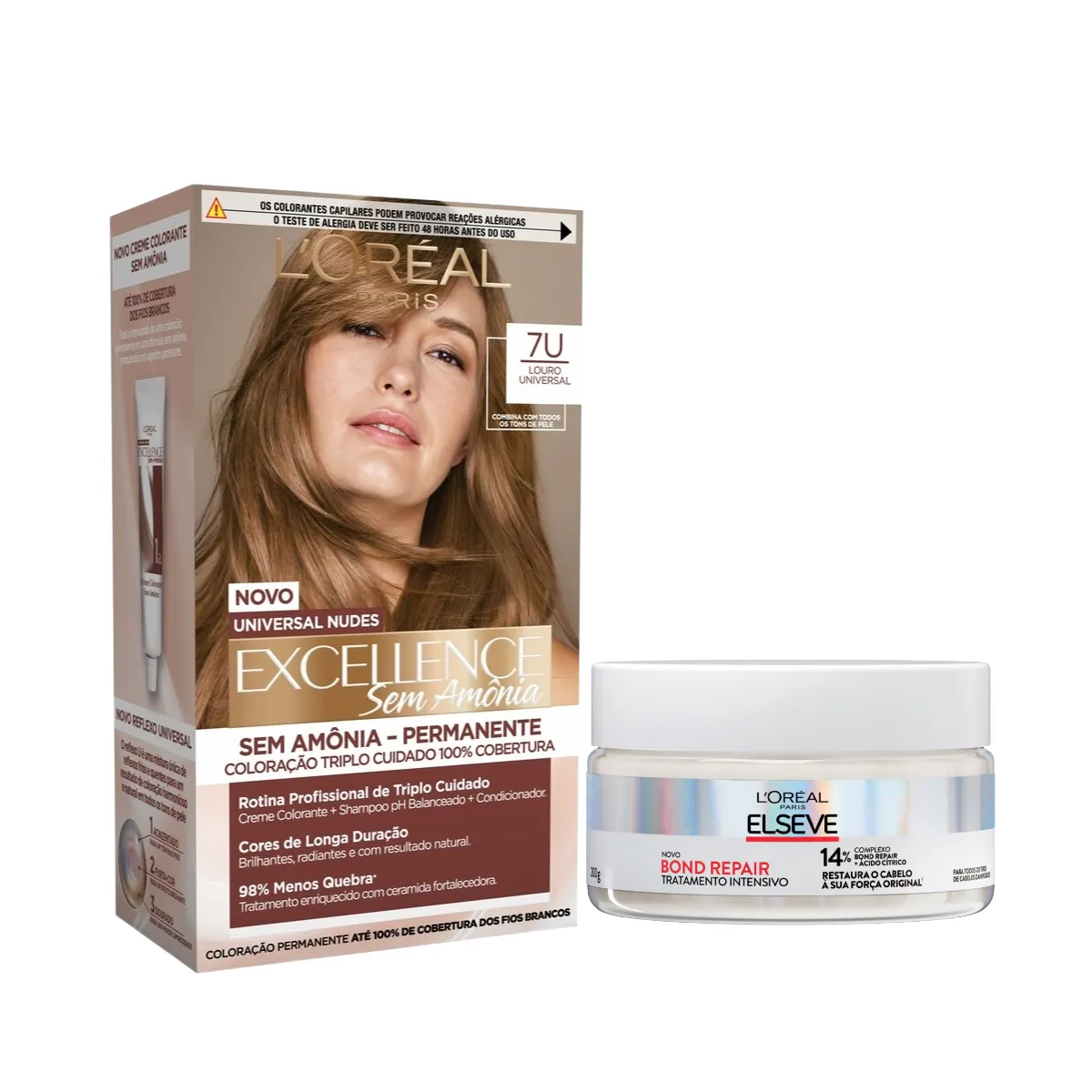 Kit L'Oréal Paris Tinta de Cabelo Permanente Imédia Excellence Sem Amônia - 7U Louro Universal + Creme de Tratamento Intensivo Elseve Bond Repair 200g