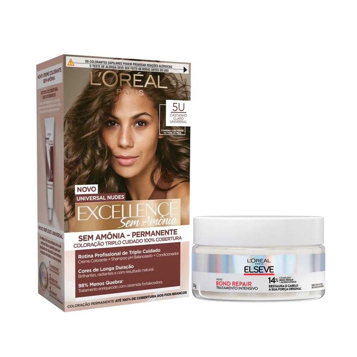 Kit L'Oréal Paris Tinta de Cabelo Permanente Imédia Excellence Sem Amônia - 5U Castanho Claro Universal + Creme de Tratamento Intensivo Elseve Bond Repair 200g