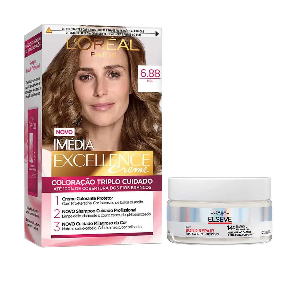 Kit L'Oréal Paris Tinta de Cabelo Permanente Imédia Excellence Creme - 6.88 Mel + Creme de Tratamento Intensivo Elseve Bond Repair 200g