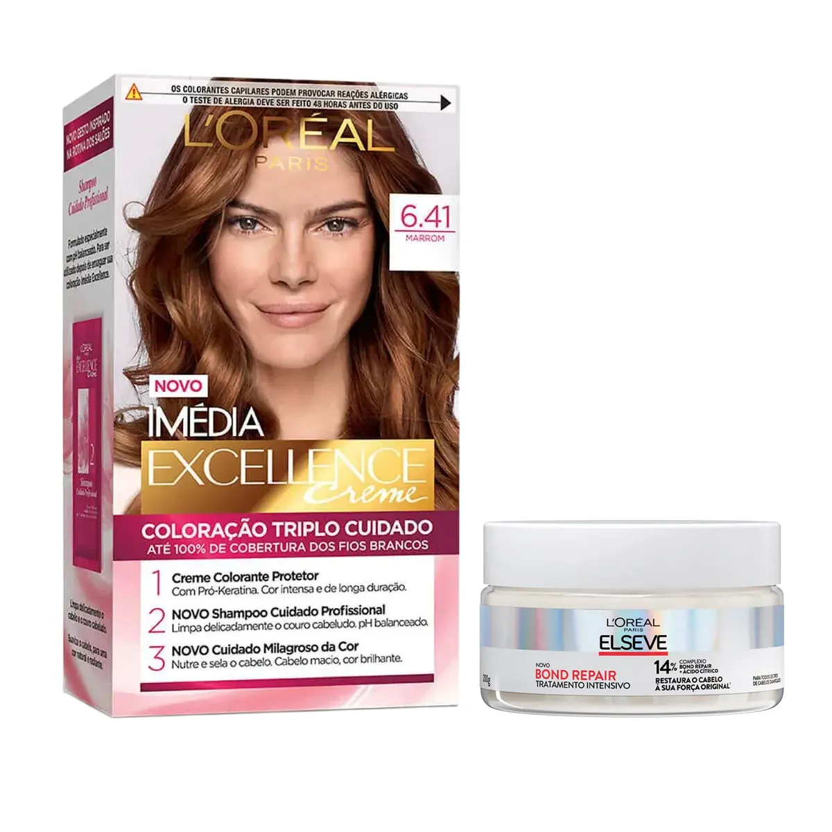 Kit L'Oréal Paris Tinta de Cabelo Permanente Imédia Excellence Creme - 6.41 Marrom + Creme de Tratamento Intensivo Elseve Bond Repair 200g